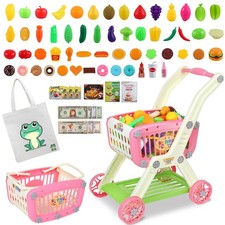 Kids Shopping Cart - 2 in 1 Toy Shopping Cart with Play Food Fruit Vegetable ...