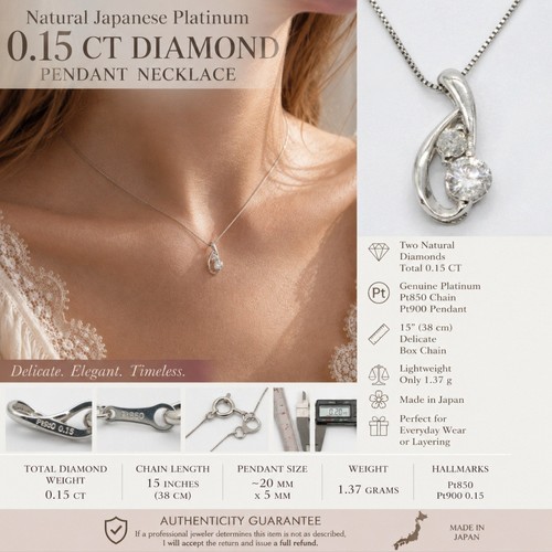 Pt850 Platinum 0.15ct Natural Diamond Pendant Necklace 15" Delicate Japan