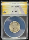 ANACS AU 55 - 1964 D Washington Silver Quarter 25C Coin - 509