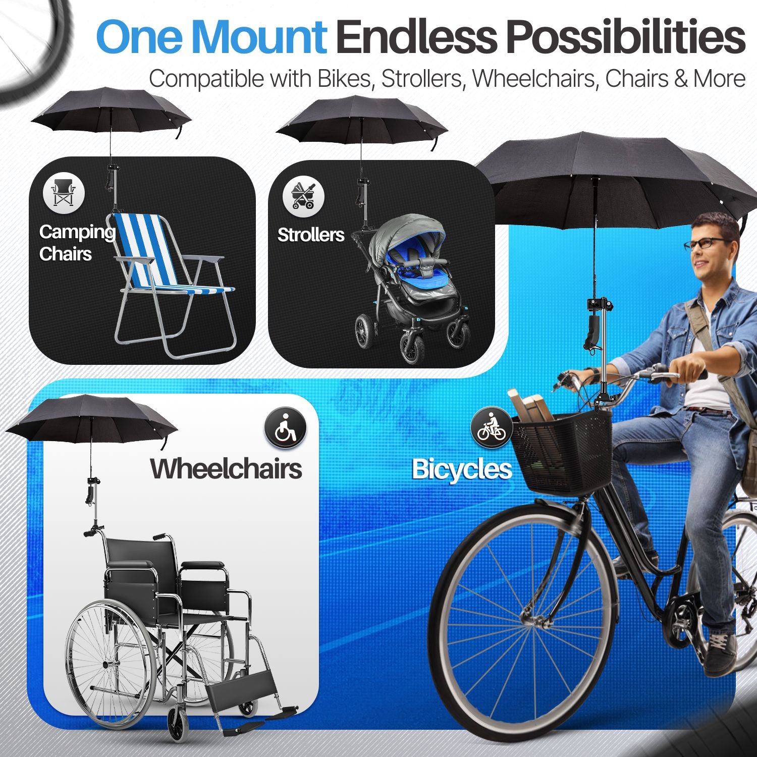 Bicycle Umbrella Holder Mount Stand, Handlebar Universal Clamp Connector Handle