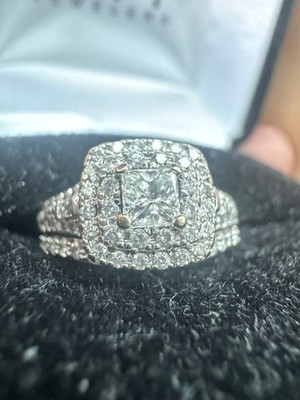 14ct White gold Halo Princess Cut  Engagement ring With Wedding Band