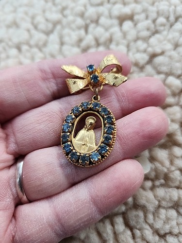 Vintage religiöse Jungfrau Maria Herz Herz Medaille Brosche Anstecknadel Gold blau Strass - Bild 8 von 8