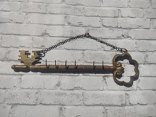 11" Solid Brass Skeleton Key Shape Holder Rack 6 Hook Hanging on chain
