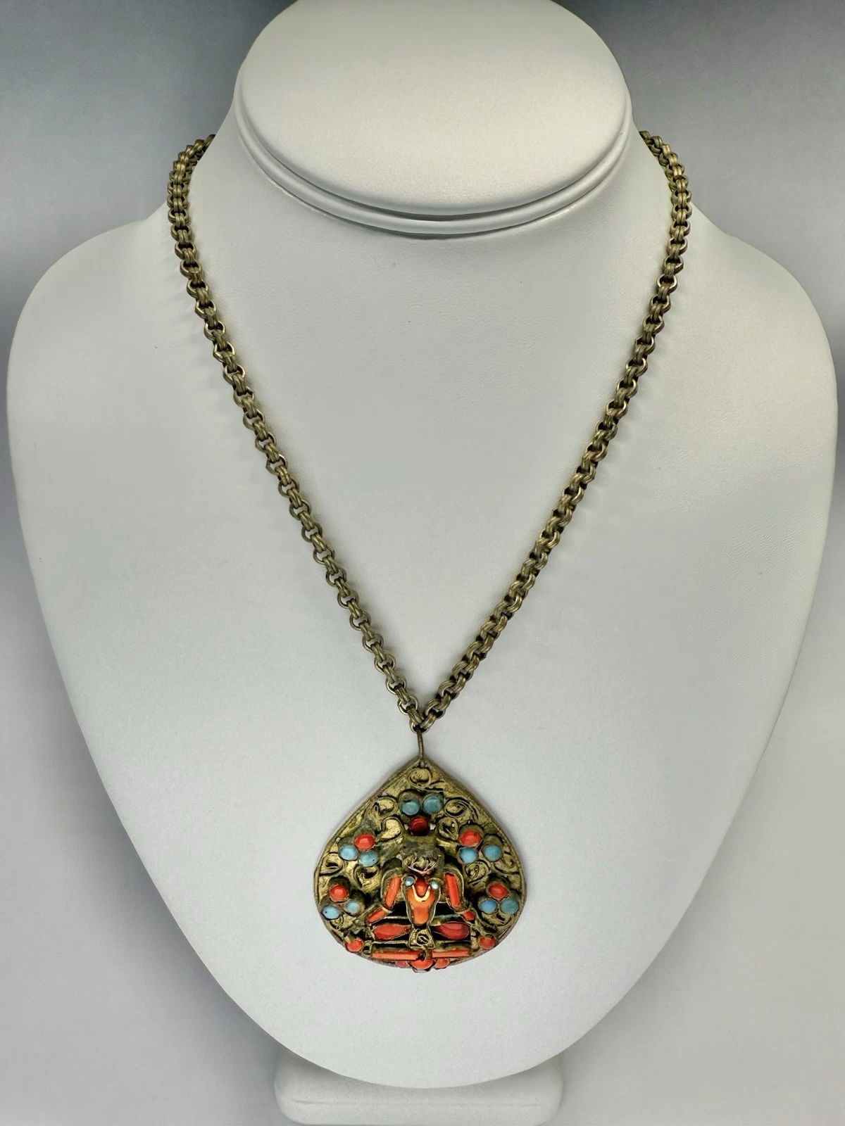 Brass Red Coral Turquoise Tibetan Buddha Ethnic Vintage Necklace Jewelry N177