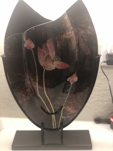 Modern Abstract Fused Jasmine Art Glass Vase in Metal Stand Large - Picture 2 of 16