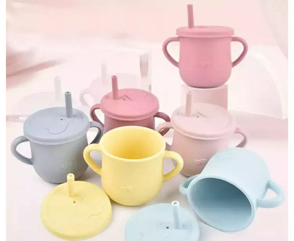 ¡Tazas para bebés sin BPA! Taza bebé de silicona colorida, flujo lento con pajita Foto 2 de 4