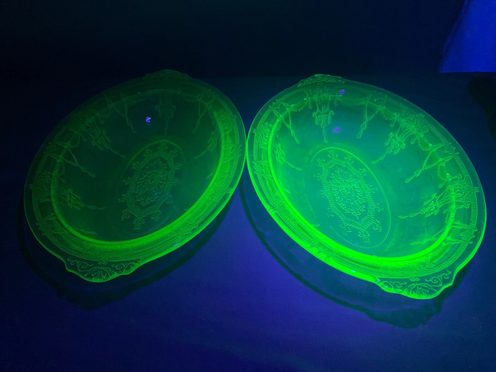 2: Antique Uranium Depression Glass Vaseline Vase Atomic Bowls Platters