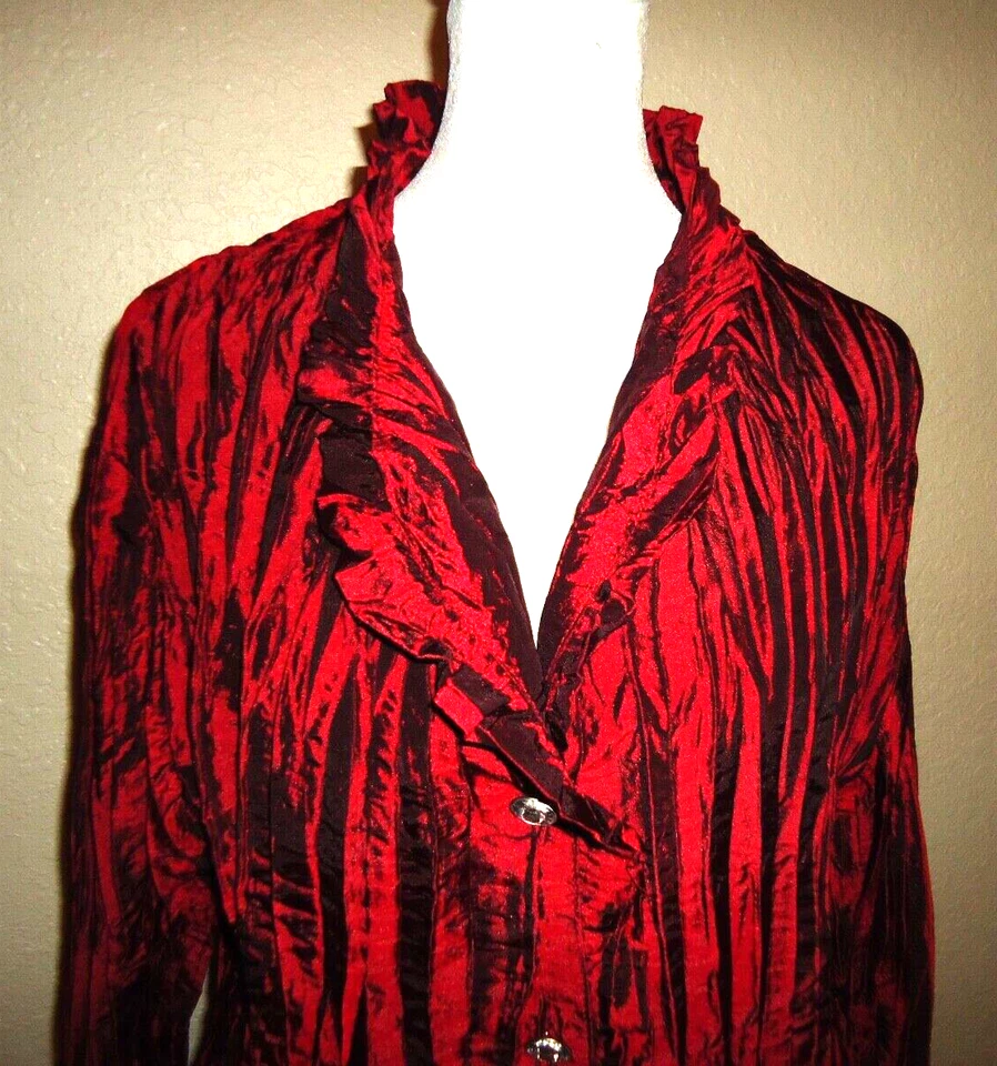 #C Agora Mujer Arrugado Jaipur Boho Rojo Elastizado Blusa Acento Botones Talla-1X Foto 4 de 4