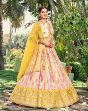 Engagement Wear Chinnon Silk Lehenga Choli With Yellow Dupatta For Women