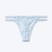 Victoria's Secret PINK Lace Strappy Thong Panty L Light Blue Floral NEW NWT