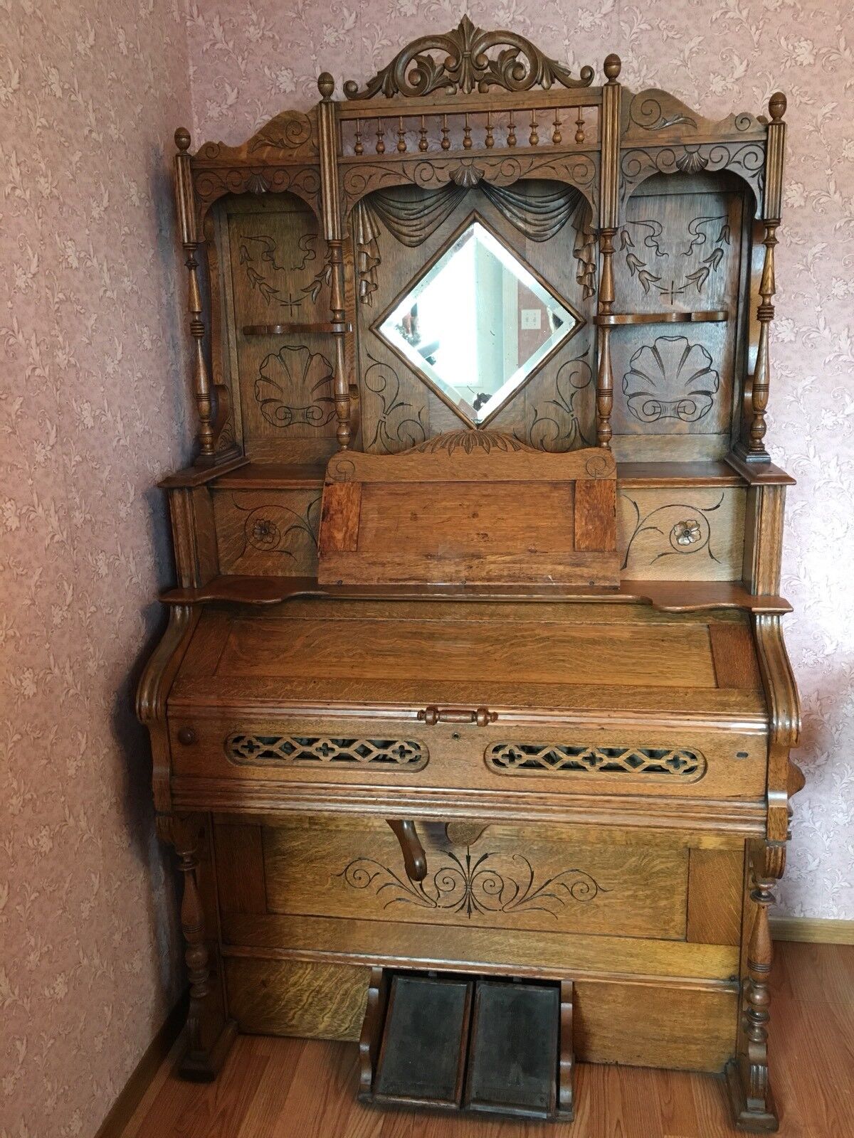 Antique A.B Chase Co 1868 Oak Pump Organ~Incised Carving~Spindles~Beveled Mirror