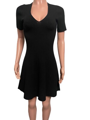 Theory Black M Nwts Knit Ribbed S/S V-neck Skater Mini Dress Was