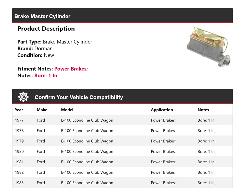 For 1977-1983 Ford E-100 Econoline Club Wagon Dorman Brake Master Cylinder 1978 - Image 2 of 4