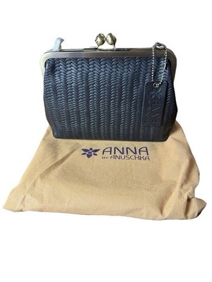 ANUSCHKA Black Woven Genuine Leather Handbag Kiss Lock Clutch Shoulder Bag Purse