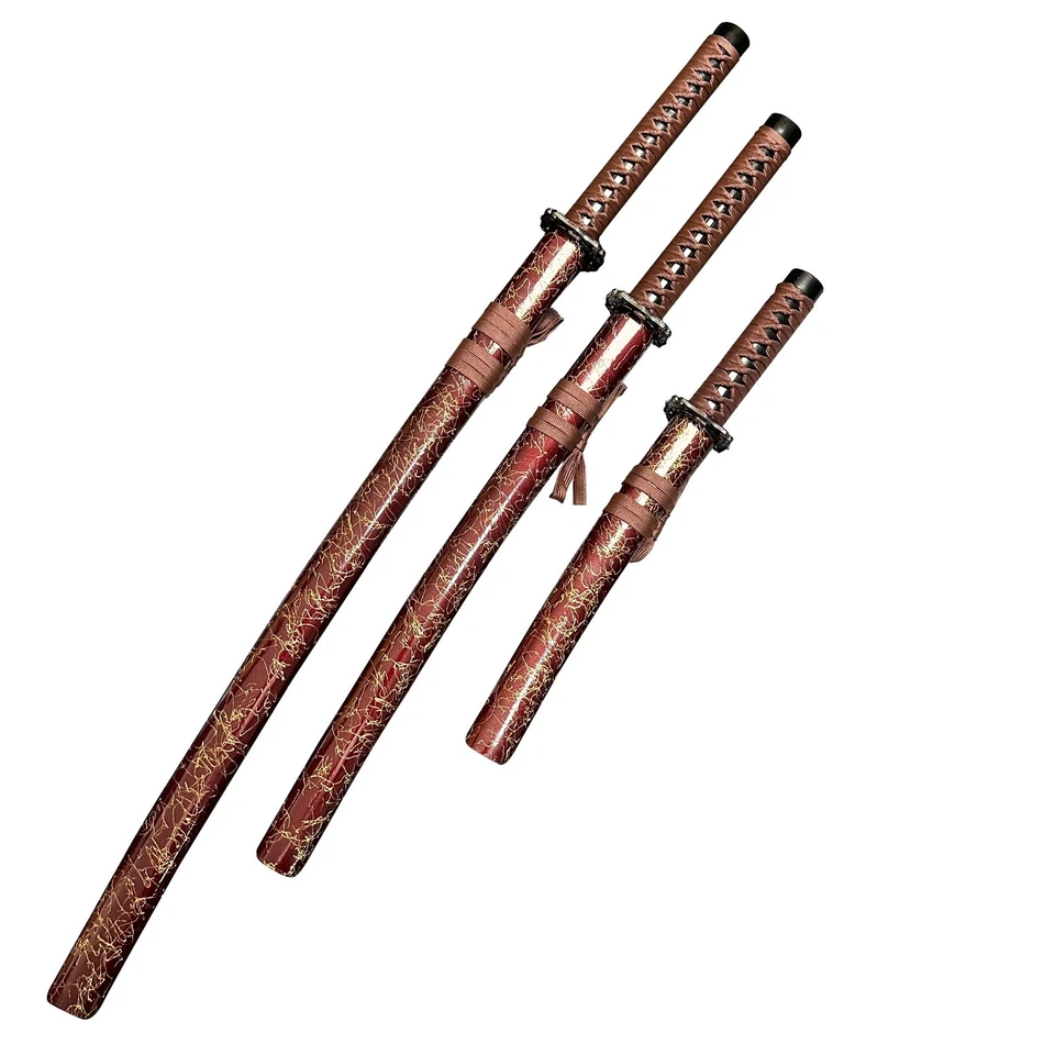3pcs Japanese Samurai Katana Sword Set w/ Stand – Brown Silk Scabbard / 1060 Ste - Image 2 of 4
