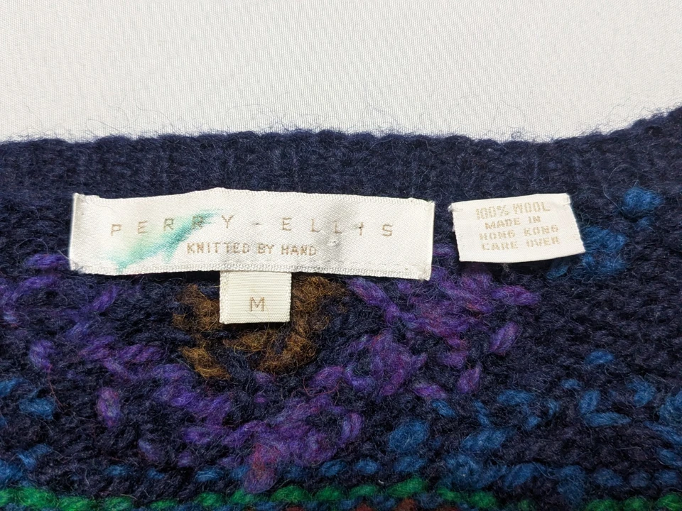 VTG PERRY ELLIS Shetland Wool Hand Knitted Sweater - Men Medium - Image 3 of 4