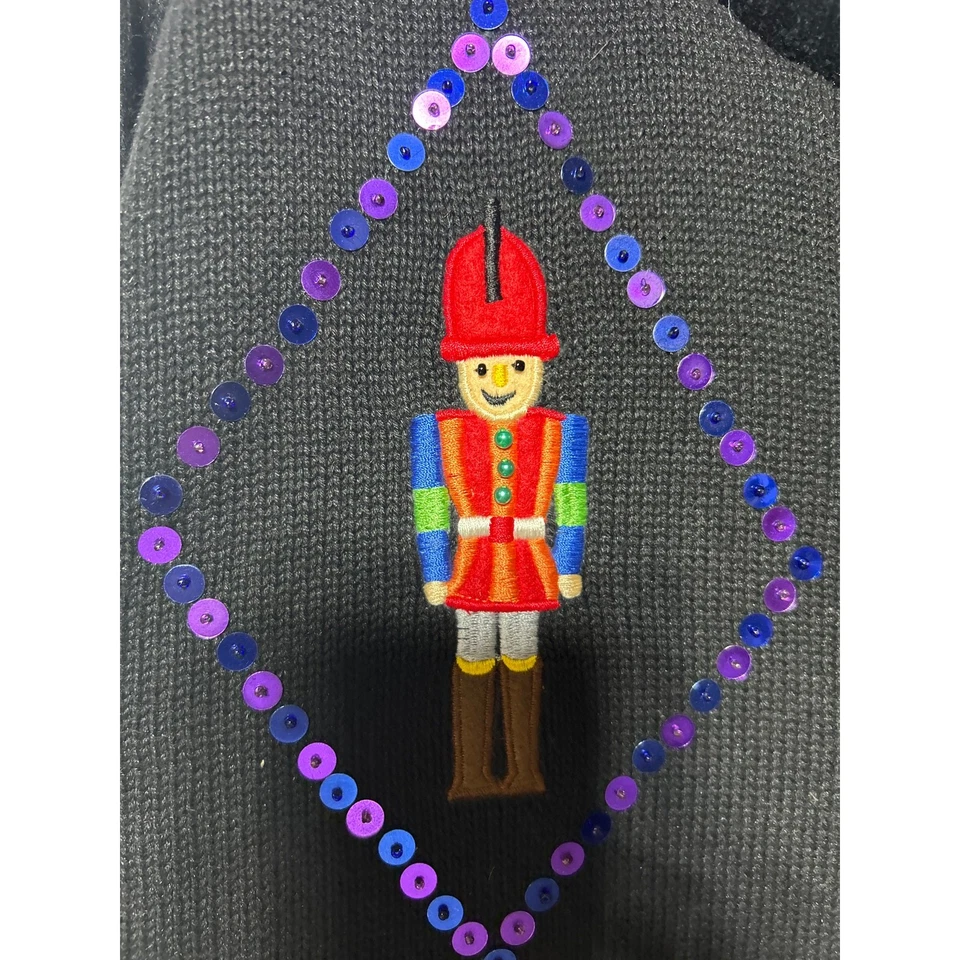 The Quacker Factory Cardigan Sweater 1X Black Nutcracker Sequin Holiday Wreath - Image 3 of 4