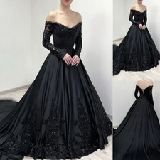 Gothic Black Wedding Dresses Satin Long Sleeve Lace Applique Sequin Bridal Gown