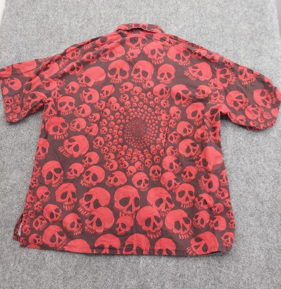 Curious Cat Skull Shirt Mens Large Red Allover Print Goth Biker Halloween Rave - Image 3 of 4