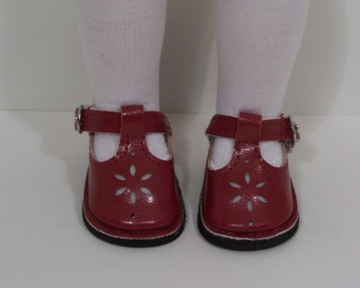 BURGUNDY Flower Tstrap Doll Shoes For 14
