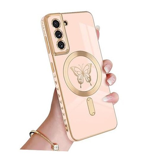 for Samsung Galaxy S21 5G Magnetic Case, Cute Butterfly Plating Edge Case Pink