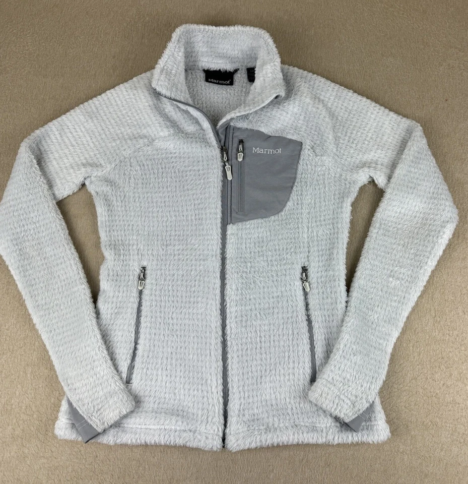 Mujer Marmot Fuzzy Polar Chaqueta Pequeña Cremallera Completa Gris Bolsillo Frontal