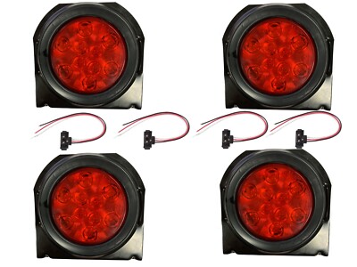 (4) Red 10 LED 4'' Round Truck Trailer Brake Stop Turn Tail Lights with Brackets