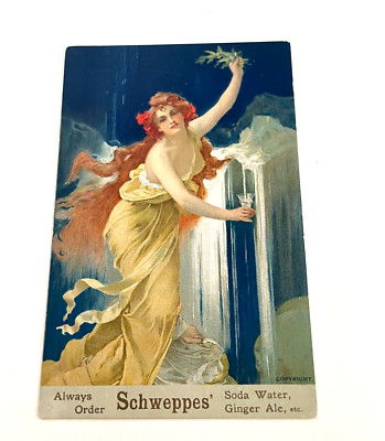 Lovely Vintage Ad Postcard ''Schweppes'' Ginger Ale -Woman w/Flowing Red Hair *