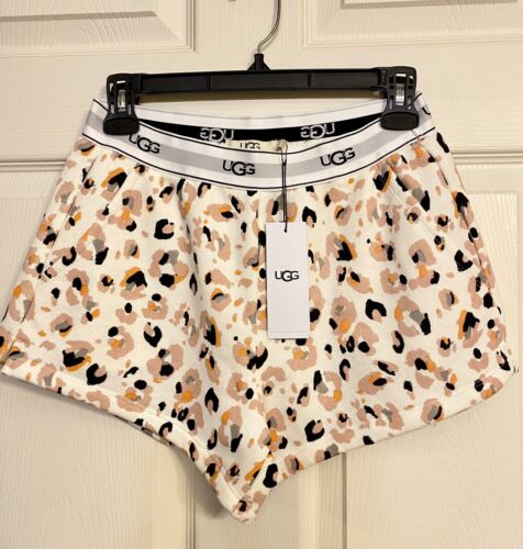 UGG ALBIN SHORTS WOMENS SIZE: L PAINTED Cream LEOPARD TERRY COTTON 2 POCKETS - Picture 1 of 13