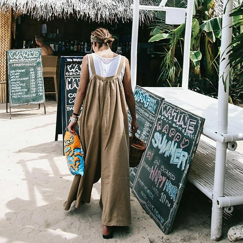 Damen Baumwolle Line Overall Weites Bein Kurzer Taschen Locker Übergröße - Bild 4 von 4