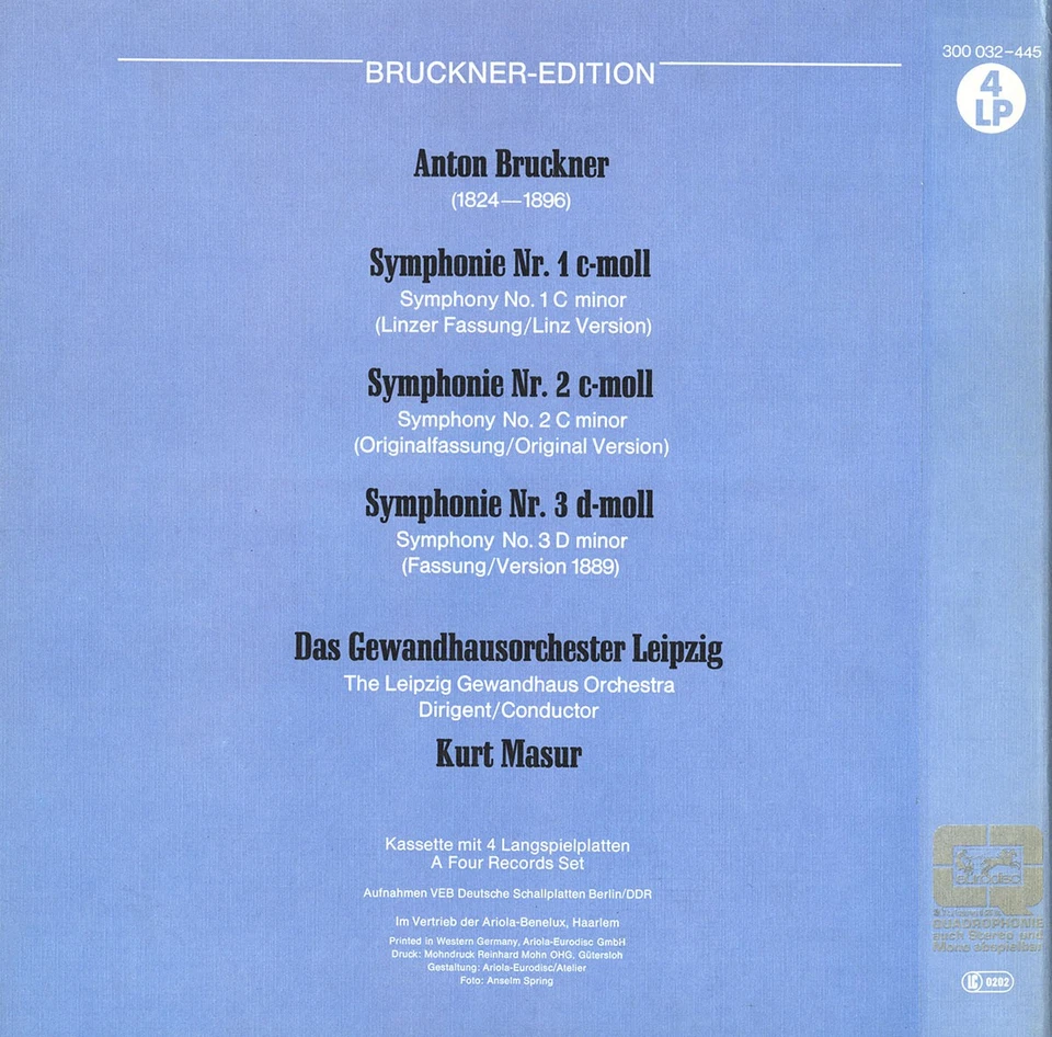 BRUCKNER Symphonies 1-3 MASUR Leipzig GhO Eurodisc 300032 4LP Box Gold Lb QUADRO - Image 2 of 3