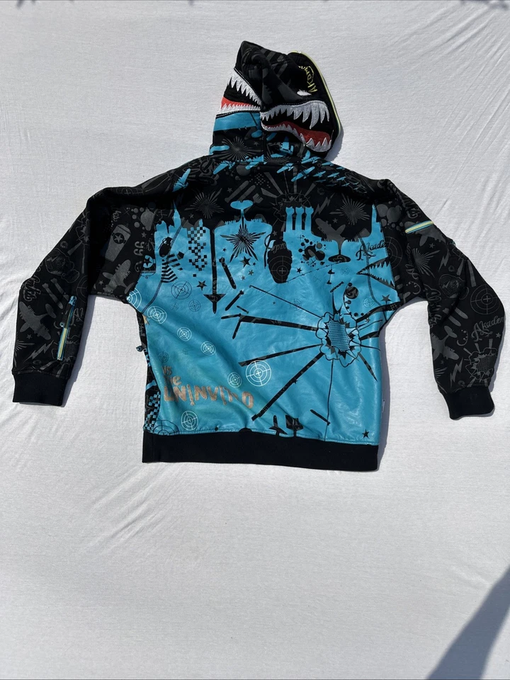 Sudadera con capucha vintage Y2K Akademiks tiburón negro cremallera AOP talla 2XL Cyber Grunge Foto 3 de 4