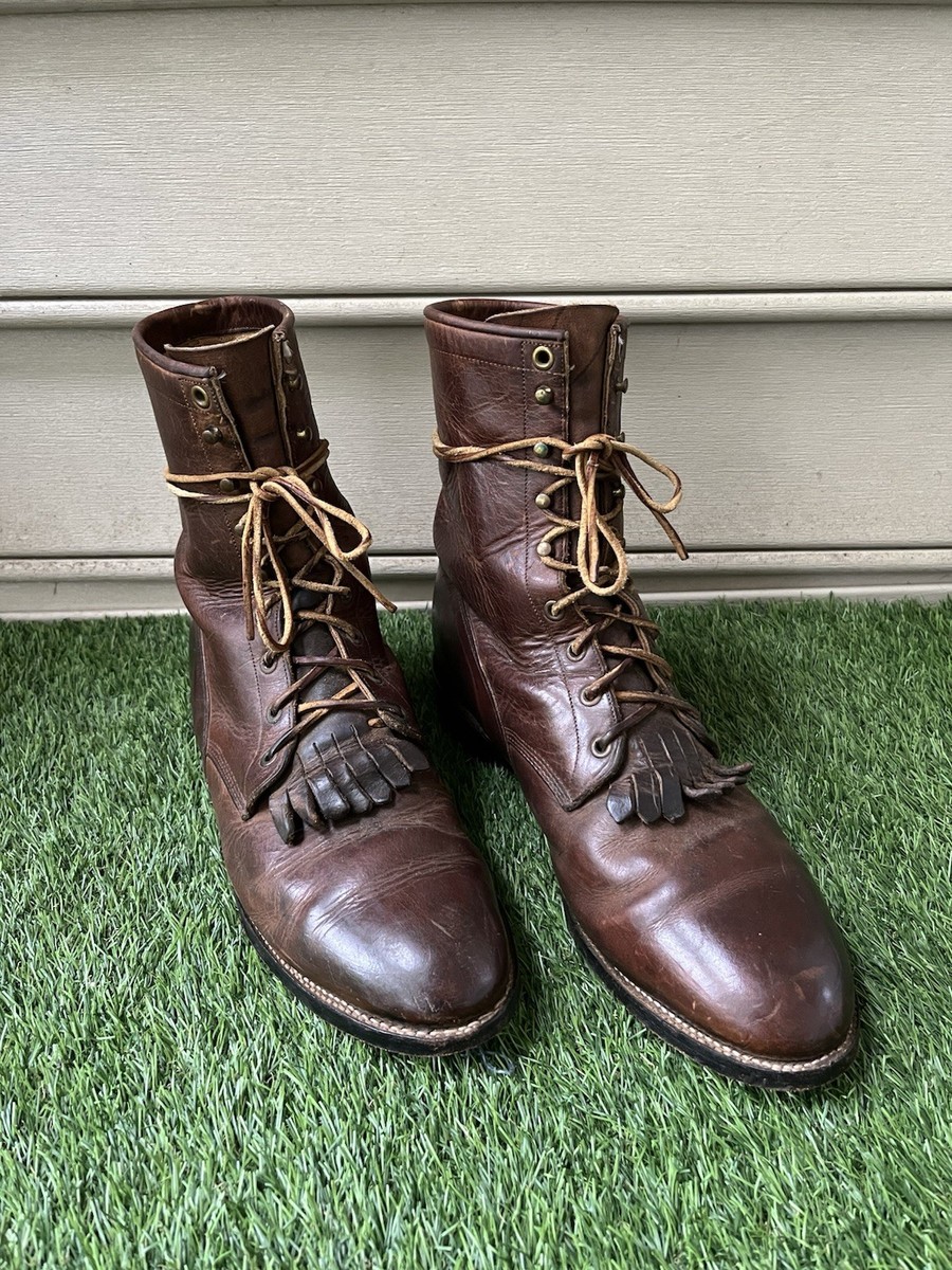 JUSTIN Brown Leather Lace Up Kiltie Cowboy Boots Mens Size 