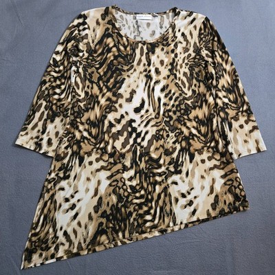 Susan Graver Women M Animal Printed Brown Liquid Knit Asymmetrical Blouse