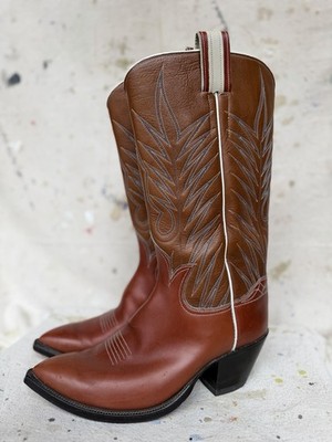 VTG James Owens Custom Brown Leather Embroidered Flame Texas Cowboy Boots 10 E