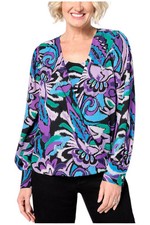 Susan Graver Printed Woven Blouson Top w/ Printed KnitInner Tank Blk