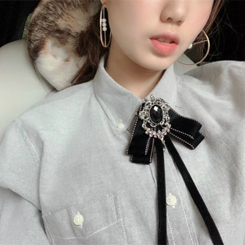 Lady Retro Rhinestone Bow Neck Tie Collar Crystal Bowknot Uniform Bowtie Ribbon - Image 2 of 4