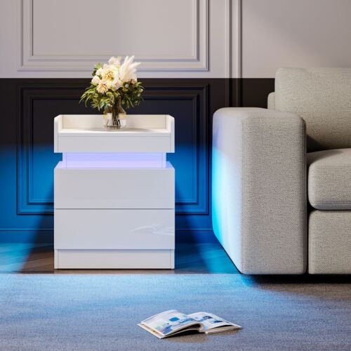 2er Set LED Licht Beleuchtung Nachttisch mit Hochglanz Schubladen 45x33x58 cm - Bild 25 von 37
