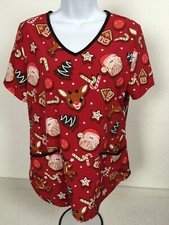 Rudolph the Red Noise Reindeer Womens Scrub Top Size S Red Holidays Santa Candy