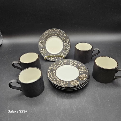 Scraffito by Habitat Japan 4 Coffee Espresso Cups & Saucers Black Ceramic Swirl