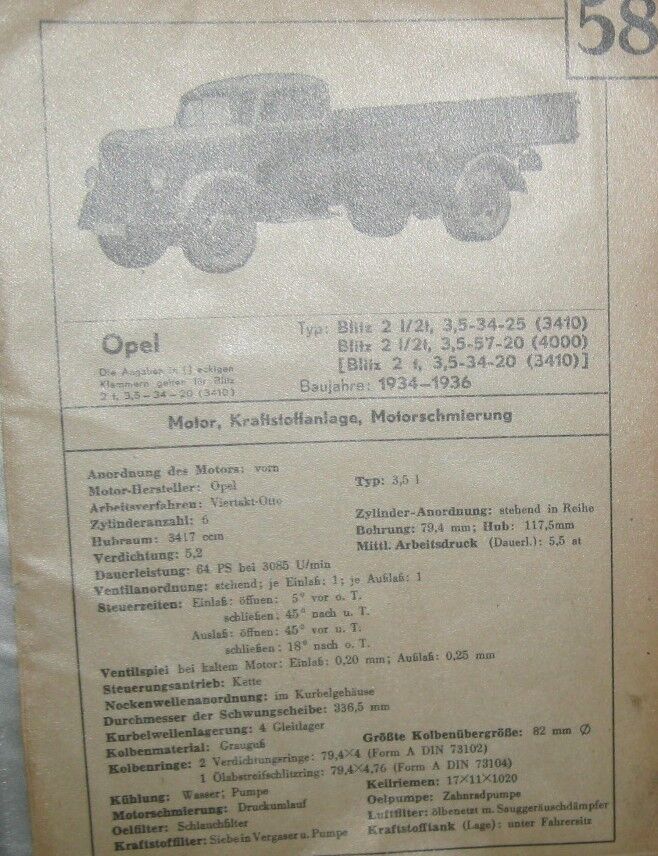 * Opel Blitz 2 L / 2 t 3,5 34-25 57-20 34-20  Datenblatt Typenblatt + Wartung 