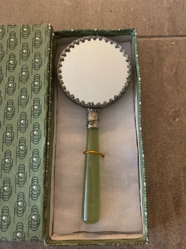 Alter chinesischer Porzellan Handspiegel Jade oder Glasgriff mit Original Box - Bild 5 von 6