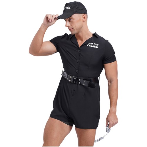 Men Romper Officer Costume Cosplay Bodysuit Belt Outfits 3 Piece Clubwear Cops - Picture 9 of 19