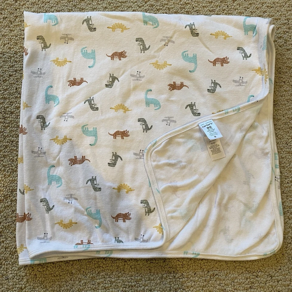 Manta de bebé Carters dinosaurio algodón blanco azul amarillo marrón jersey tejido envoltura Foto 2 de 4