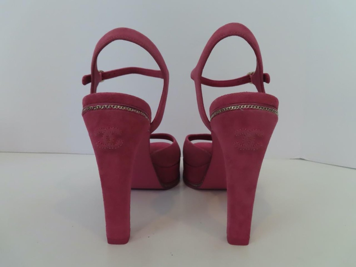 CHANEL★素敵!23S Fuchsia Suede Heeled Sandals EU38.5 NIB CHANEL 23S Fuchsia Suede Interlocking CC Heeled Sandals