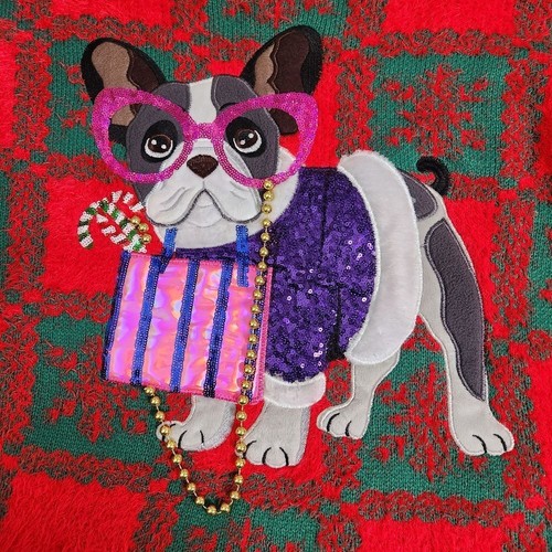 Holiday Time Red Sweater Size M French Bulldog Checkered Snowflakes Oversized - Picture 9 of 12