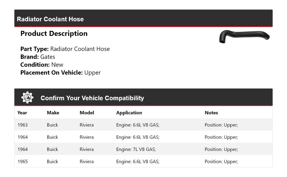 Manguera de refrigerante de radiador para Buick Riviera 1963-1965 puertas superiores 1964 Foto 2 de 4