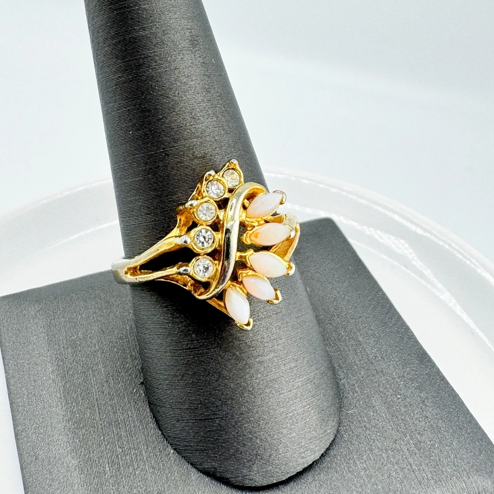 Anillo Vintage Oro Relleno Ópalo Estrás Retro Glamour Art Deco Estilo Flor Foto 2 de 4