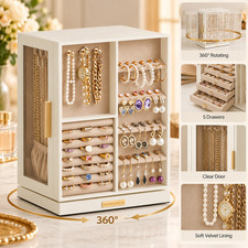 Jewellery Box Organiser 360° Rotating 5 Drawers Clear Door Storage