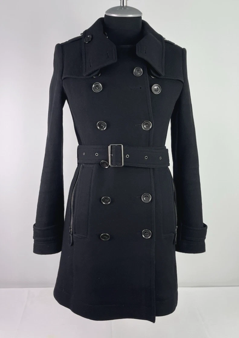 Burberry Brit Women's Black Wool Cashmere Military Trench Coat Belted XS